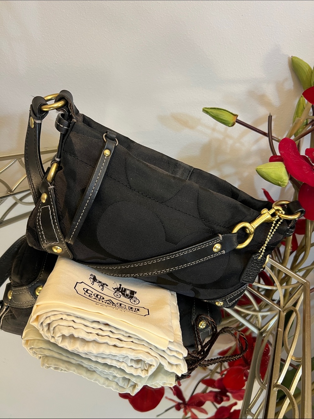 COACH Y2K Vintage Black Signature C Mini Carly Shoulder Bag Brass Hardware 10730